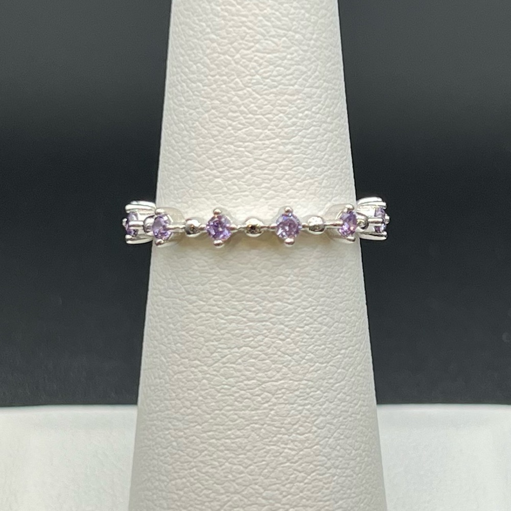 Thin Amethyst Eternity CZ Ring Sterling Silver, size 6, 7, 8